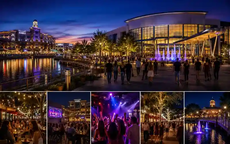 Nightlife and entertainment venues around Smart Financial Centre in Sugar Land featuring waterfront restaurants, outdoor dining, live music performances, illuminated walkways, bars, theaters, shopping areas, and evening crowds enjoying the district at night.